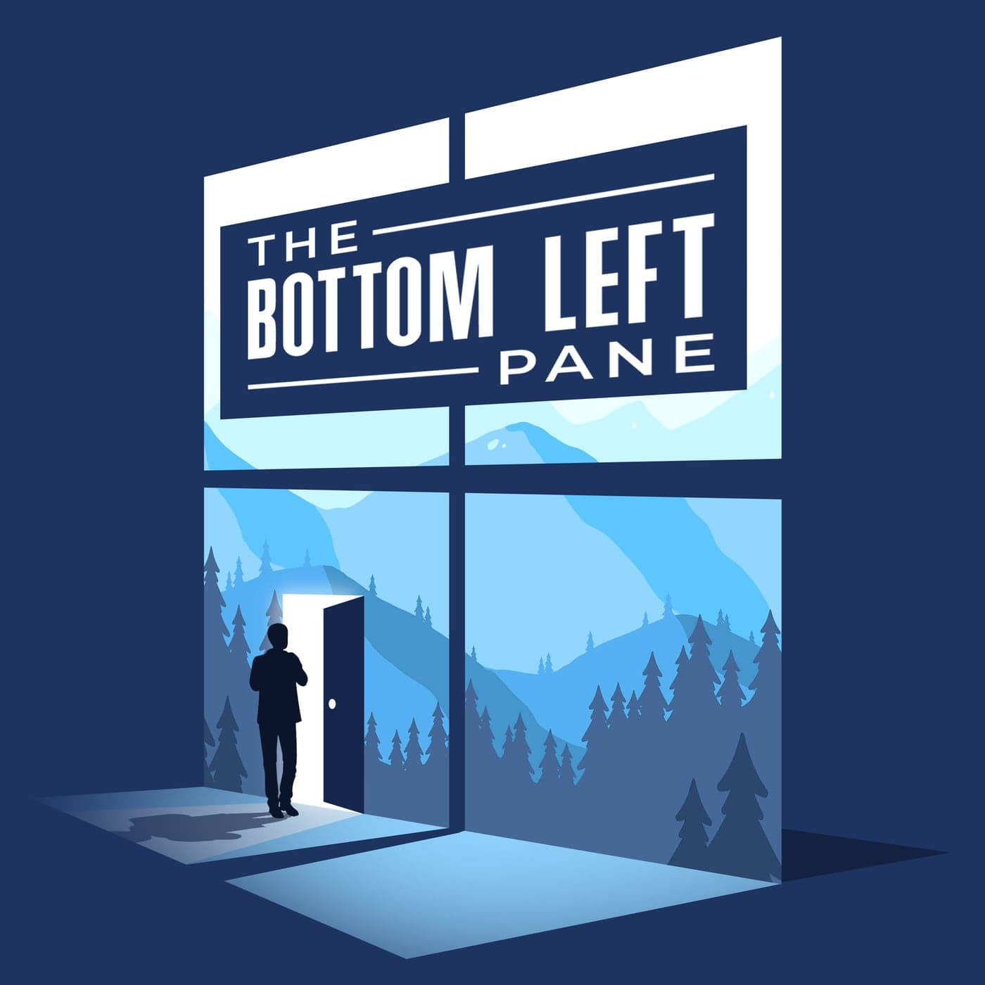 The Bottom Left Pane cover art: a figure at an open, glowing door inside a four-pane window onto blue mountains.